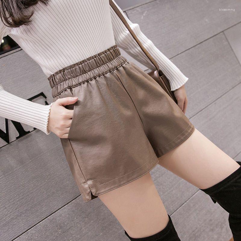

Women's Shorts 2022 Korean Style PU Leather Women Winter Elastic High Waist Wide Leg Short Femme Trousers Autumn Faux Pockets R47, Qiankafese