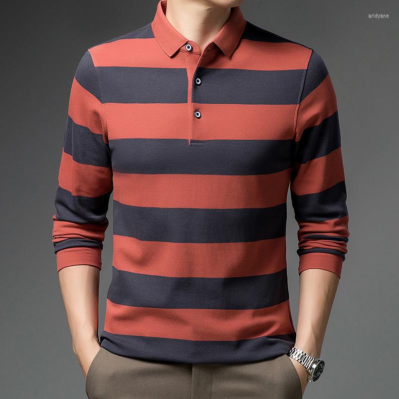 

Men's Polos Ymwmhu Cotton Polo Shirt Men Long Sleeve Autumn Clothing Striped Business Slim Fit Man's T-shirt Korean Fashion Shirts, Green