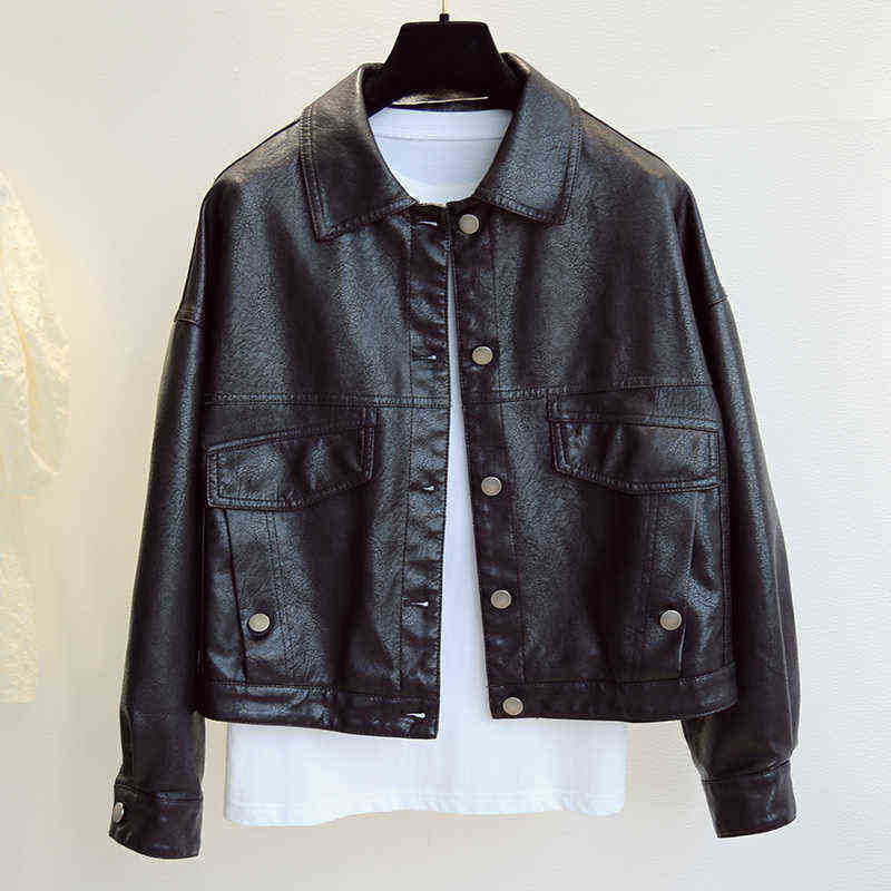 

Ftlzz Spring Autumn New Women Faux Leather Jacket Single Breasted Short Loose Pu Leather Jacket Female Moto Biker Street Outerwear J220727, Black
