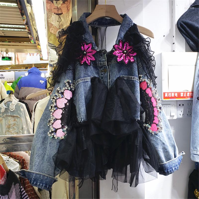 

Women's Jackets 2022 Spring Sequin Women Denim Long Sleeve Casual Female Jeans Jacket Streetwear Lace Hook Flower Hollow Out Patchwork, Blue