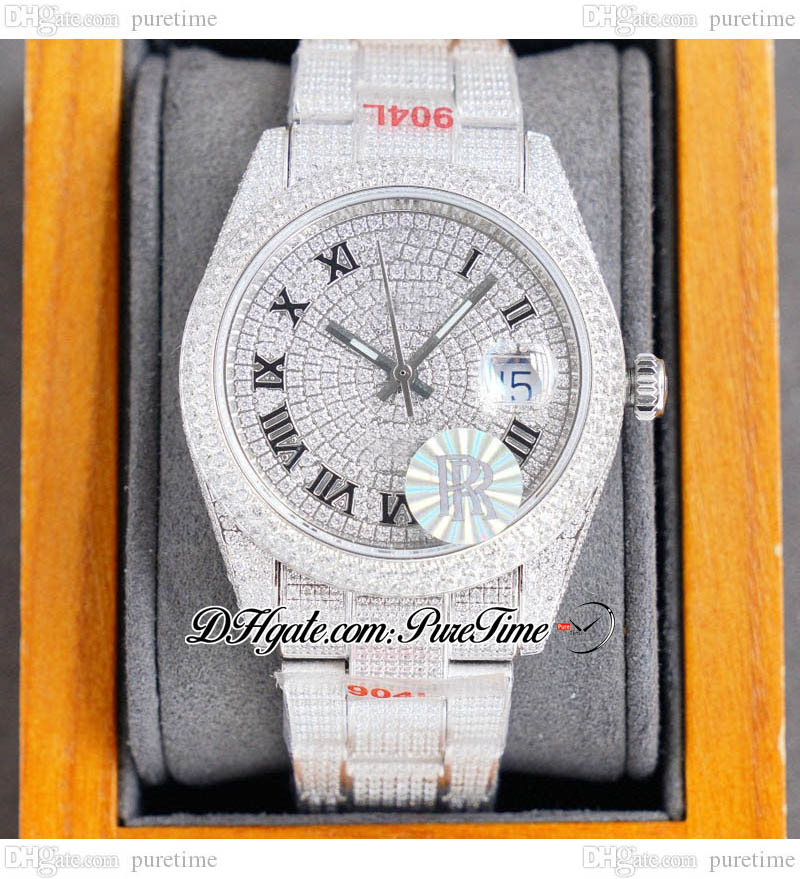 

RF 126333 ETA A2824 Automatic Mens Watch 40mm Diamonds Case Silver Roman Markers Dial Paved Diamond Fully Iced Out 904L Steel Bracelet Watches Puretime C07D4, Custom warranty card