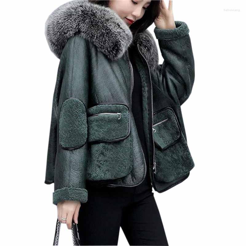 

Women' Fur Green Faux Lamb Wool Coat Hoodie Manteau Women Winter Femme Big Collar Hooded Cloak Outwear Jacket