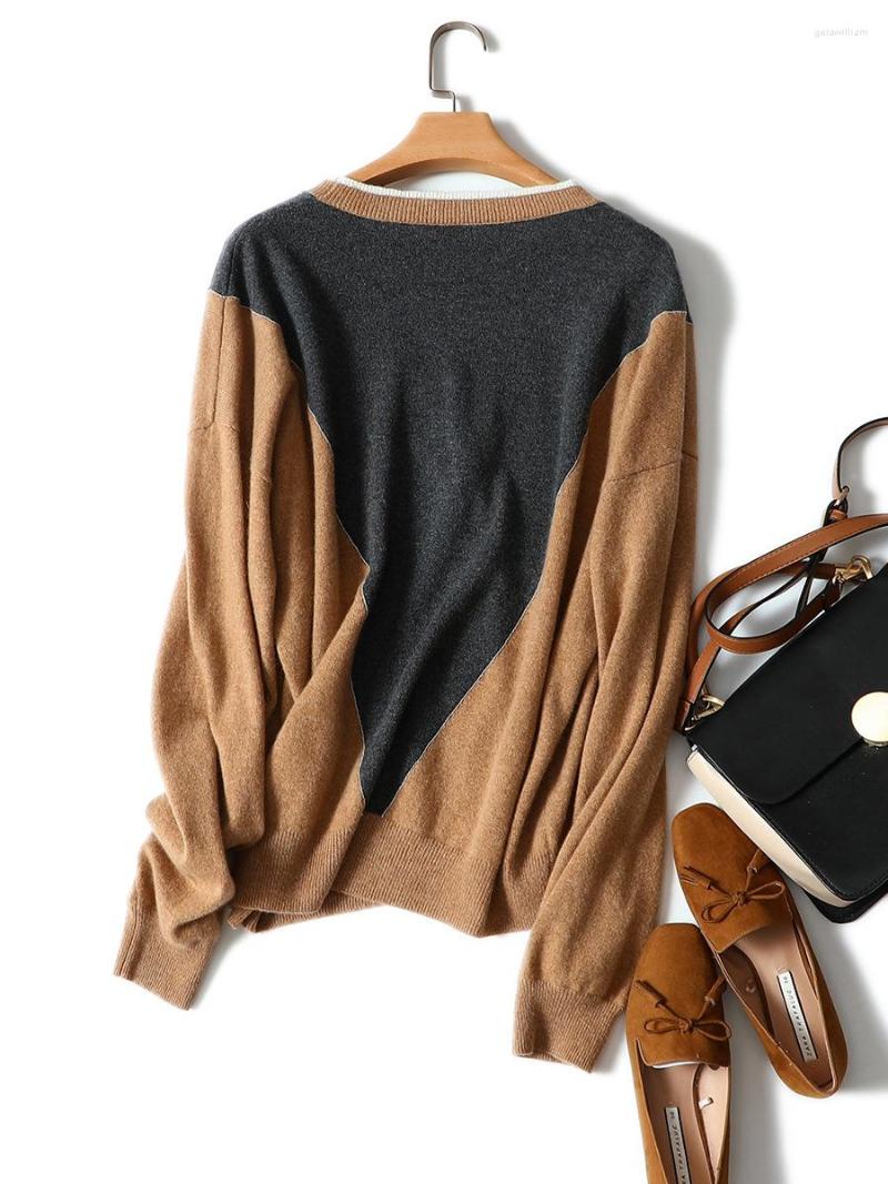 

Women's Knits Drop Shoulder Patchwork Designs Cashmere Cardigan V Neck, Camel