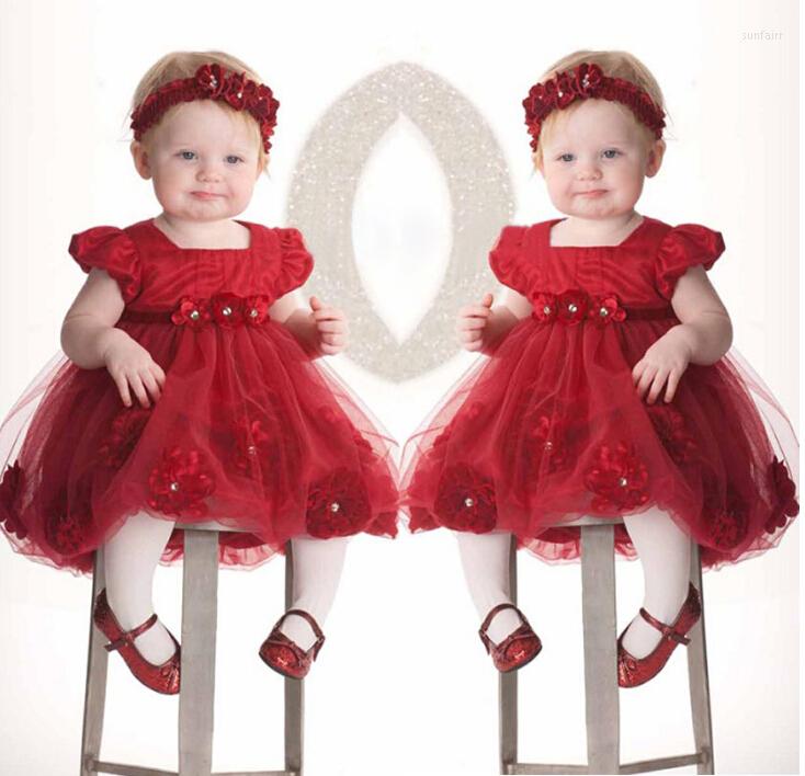 

Girl Dresses Fashion Baby Girls Sleeve Flower Ball Gown Toddler Kid Red Dress Headband Casual Outfits 0-18M