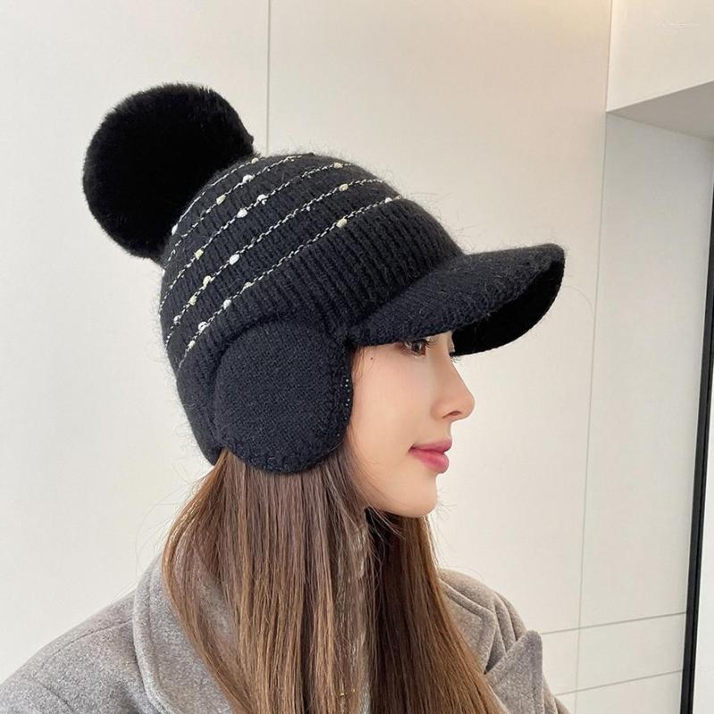 

Berets Winter Hats Women 2022 Thick Double Layers Velvet Plush Fur With Earflaps Big Pompom Cap Woman, Black
