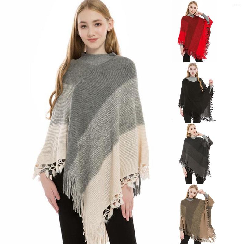 

Scarves Women Striped Poncho With Tassels Knitted Shawl Scarf Fringed Wraps Pashminas Sweater Fashion Chiffon Bossom Girls