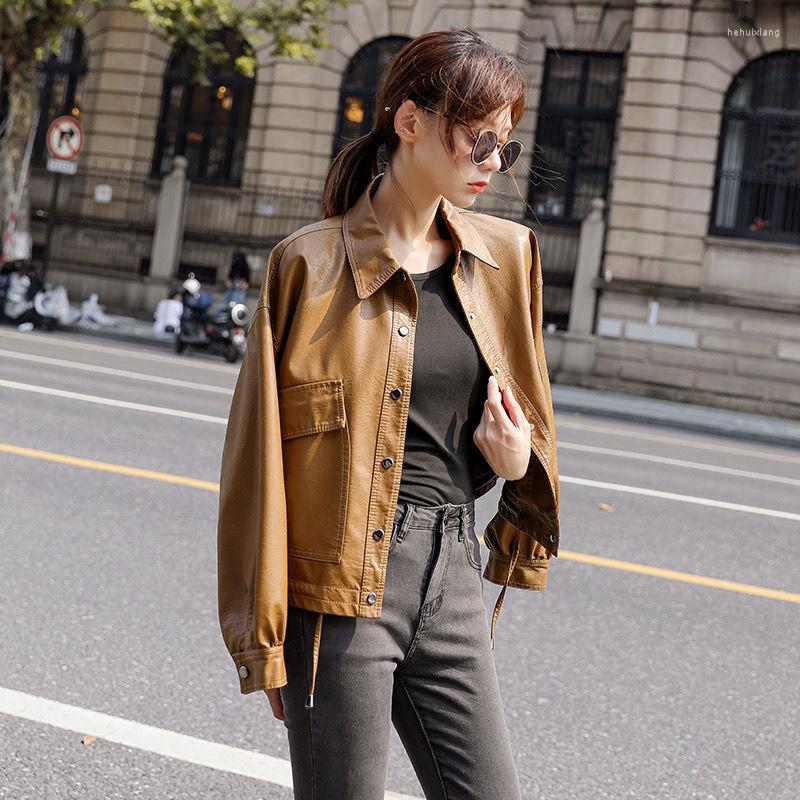 

Women's Leather Spring Women Faux Jacket Biker Single-breasted Coat Turndown Collar PU Motorcycle Jackets Streetwear Outerwear J322, Light brown