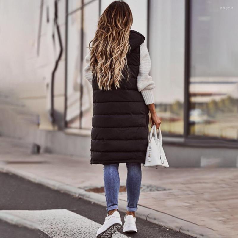 

Women's Vests Fashion Winter Waistcoat Drawstring Versatile Sleeveless Jacket Long Type Hooded Warm Cotton Puffer, Black