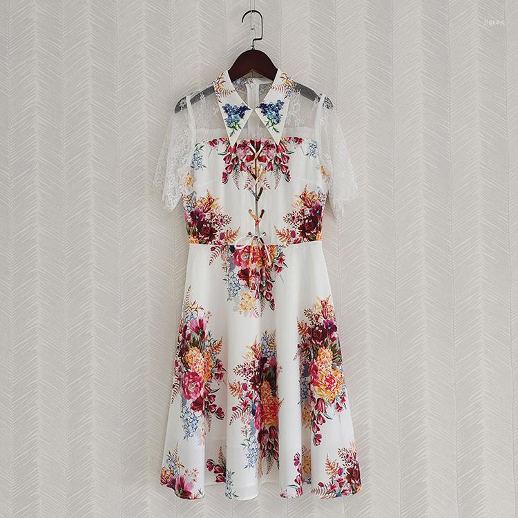 

Party Dresses Lace Short Sleeve Beading Crystal Women Dress Summer Flower Printed Elegant Criss-Cross Bow Lady, Clear