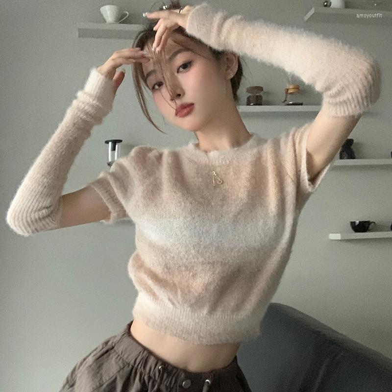 

Women's Sweaters Korean Style Mink Cashmere Gradient Color Tie-dye Short-sleeved Knitted Sweater Women's Autumn 2022 Soft Warm Pullover, Purple