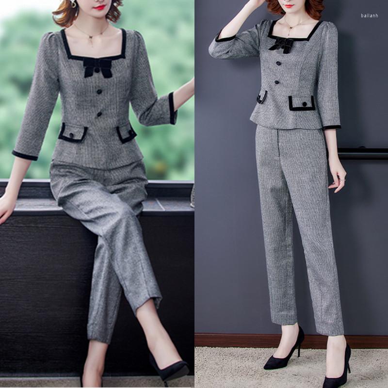 

Women' Two Piece Pants Women Suits Set For Work Oversize Pencil Spring Fall 2 Ladies Formal Vintage Elegant Fashion Pantsuit Female, Gray