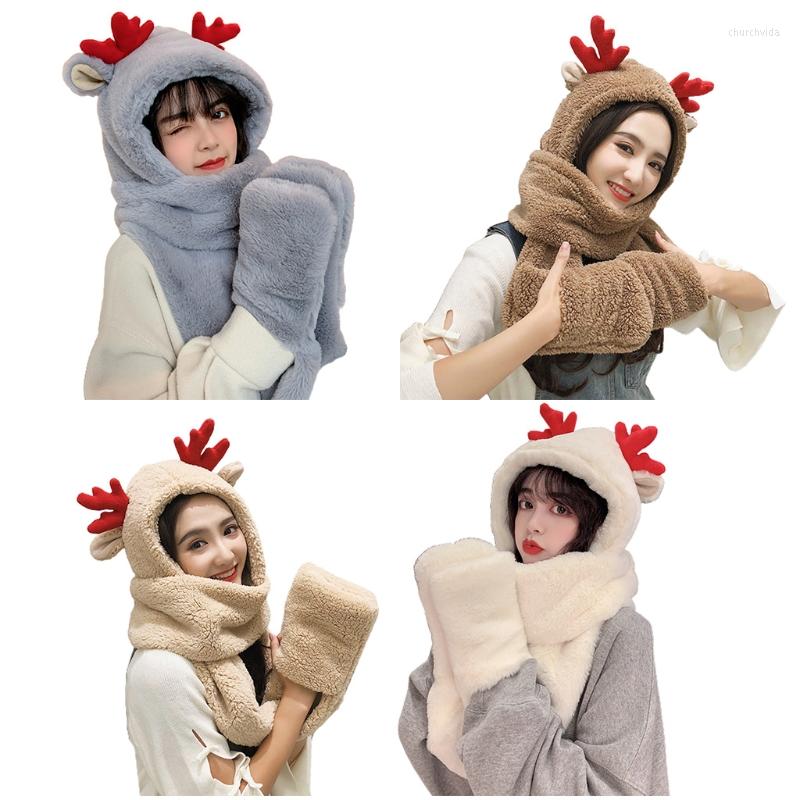 

Berets Cartoon Deer Ears Hat Scarf Gloves Ear Protector Windproof Dropship, White