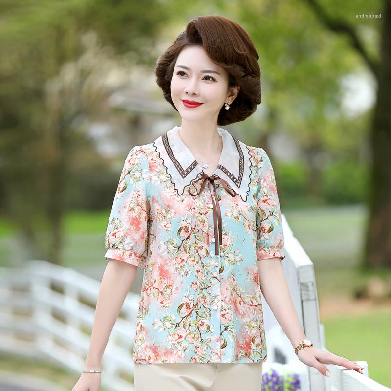 

Women's Blouses Women Sweet Vintage Floral Print Middle Aged Female Tops Chiffon Short Sleeve Casual Blouse Work Wear Mother Shirts 5XL, Pink
