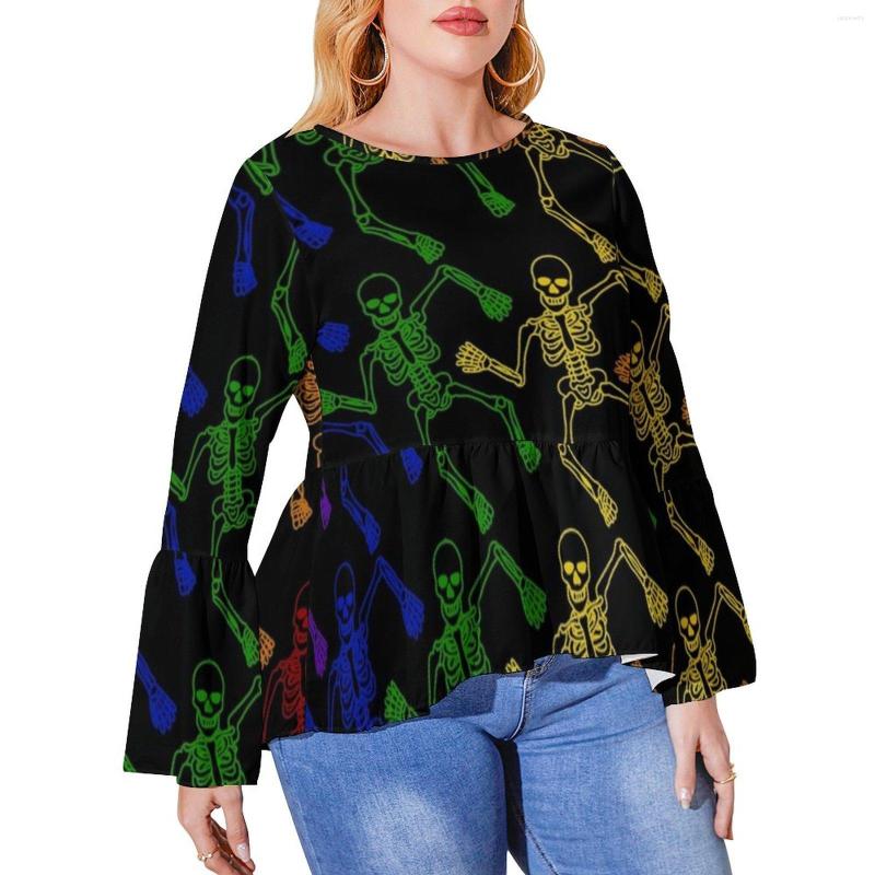

Shirt Colorful Skeleton Print Plus Size Funny Halloween Elegant Long Sleeve T Shirts Streetwear Oversized Tees Woman Top, Style-12