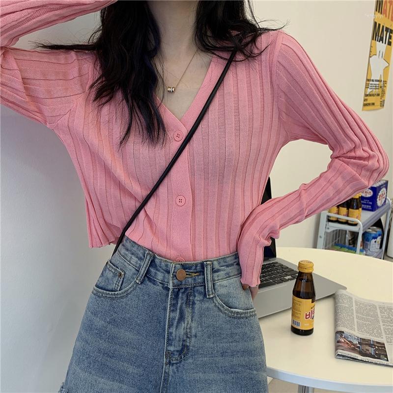 

Women's Knits Women Knitting Cardigan Vertical Stripes Pure Color Slim V-neck Long Sleeve Knitted Fabric Short Top Wholesale Pink Clothing, Green