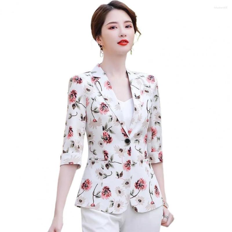 

Women' Suits Women Blazer Flower Printing Lapel Three Quarter Sleeves Straight Single Button Warm Slim Business Jacket Chaqueta Mujer, Khaki