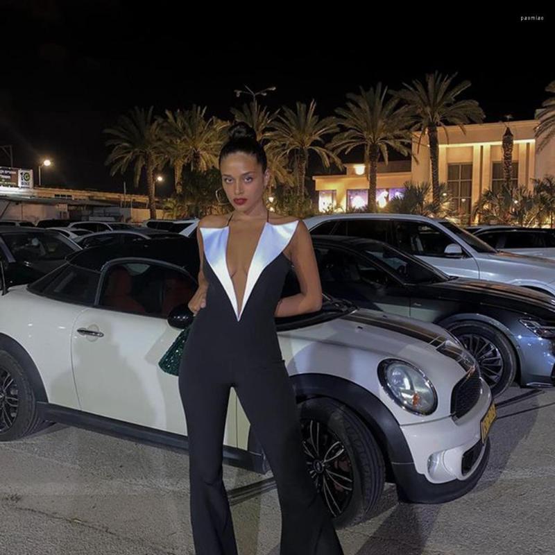 

Women' Two Piece Pants 2022 Fashion Black Deep V-neck Sexy Halter Jumpsuit Ladies Tight Backless Club Party High Quality