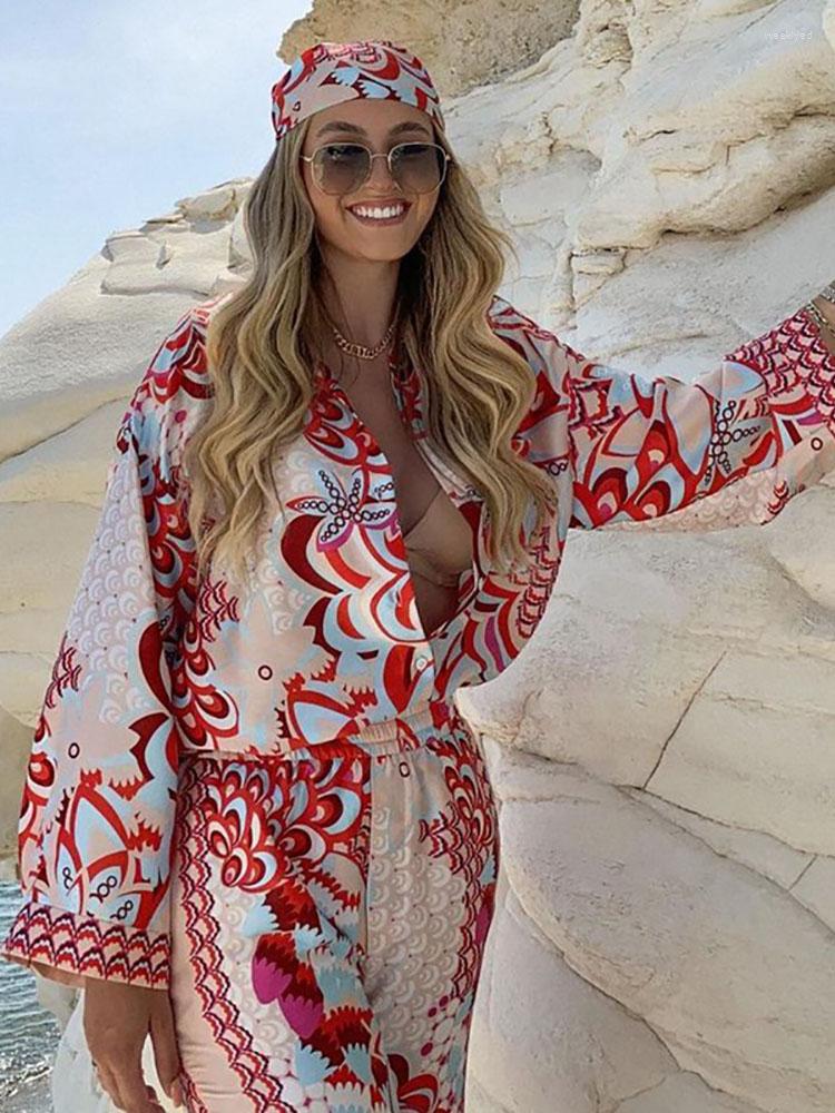 

Women' Tracksuits Women Summer Bohemian Print 3 Piece Sets Long Sleeve Bow Tie Shirt And Shorts Casual Suits Female Vacation Fashion, Red