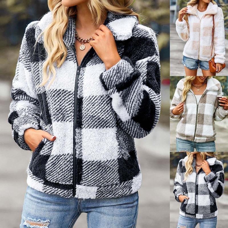 

Women' Jackets Womens Casual Fleece Check Lapel Zipper Long Sleeve Jacket Coat Winter Loose Top, Black