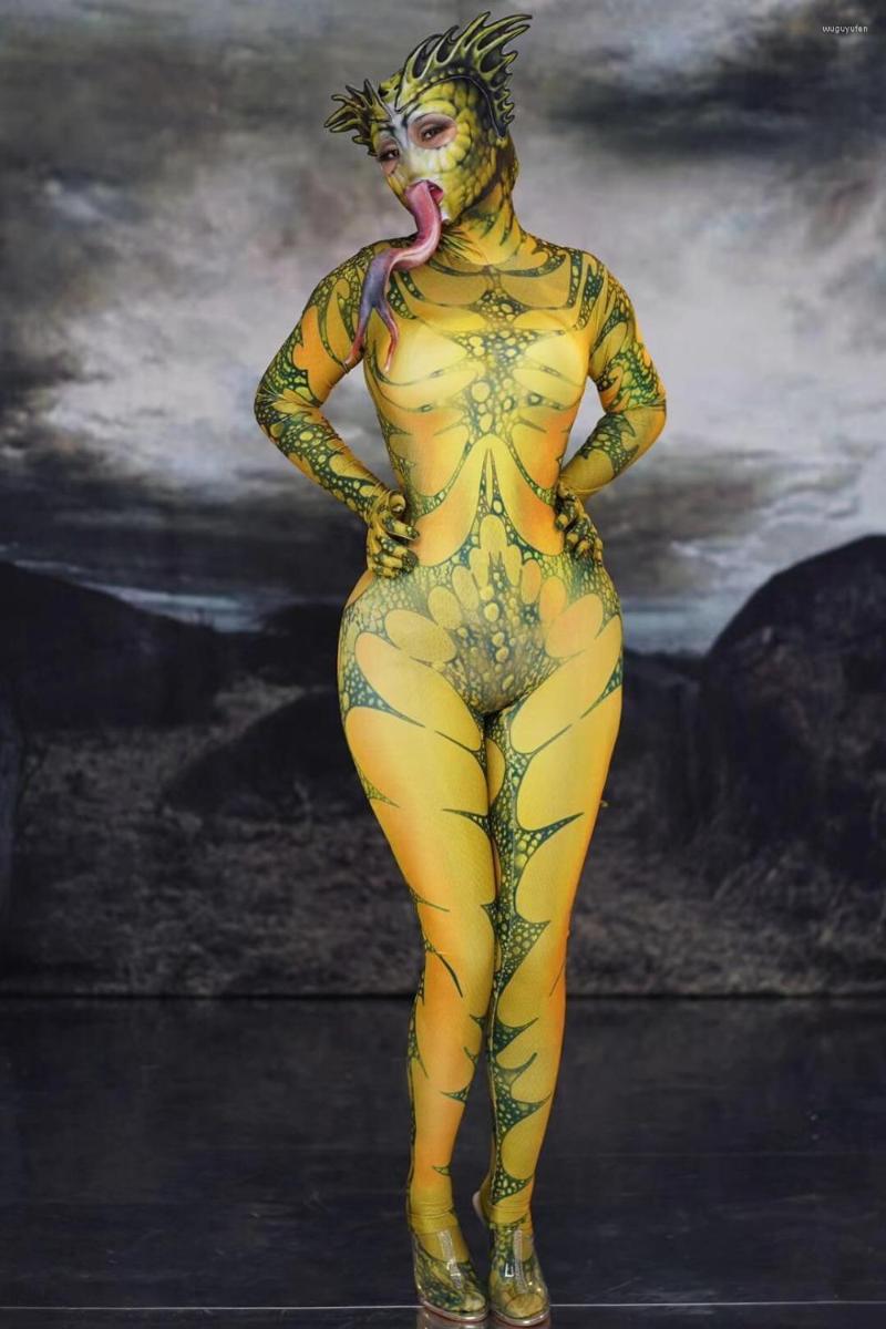 

Stage Wear 2022 Lizard Animal Pattern Jumpsuit Women Singer Show Clothes Dancer Outfit Prom Cosplay Stretch, Yellow