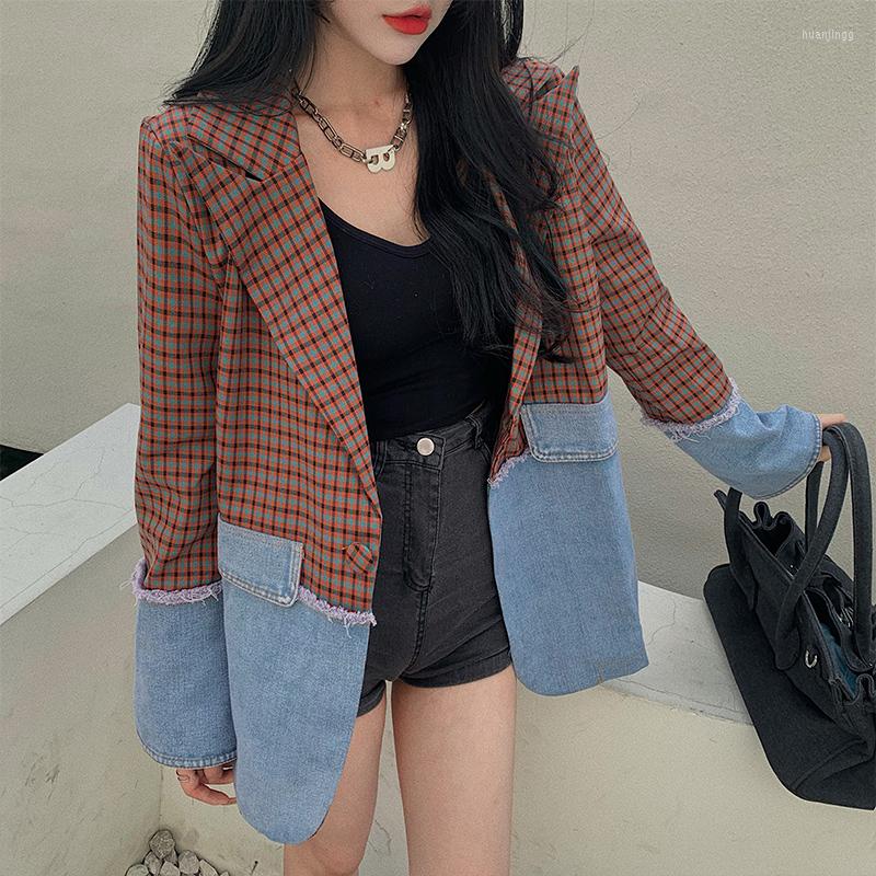 

Women' Suits Womens Denim Stitching Jacket Spring Autumn Irregular Trendy Loose Korean Style Fashion Tops Female Design, Black
