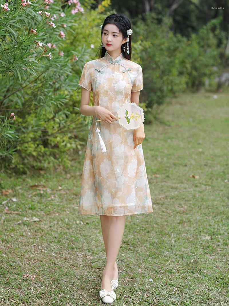 

Ethnic Clothing Elegant Beaded Short Sleeves A-Line Chiffon Knee-Length Cheongsam Traditional Mandarin Collar Qipao Retro Chinese Women