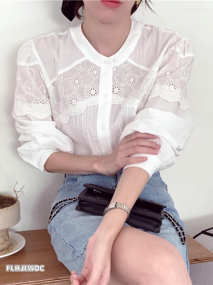 

Women's Blouses 2022 Button Tops And Basic Wear Women Preppy Style Sweet Girls Retro Vintage Stand Single Breasted Lace Shirt, White