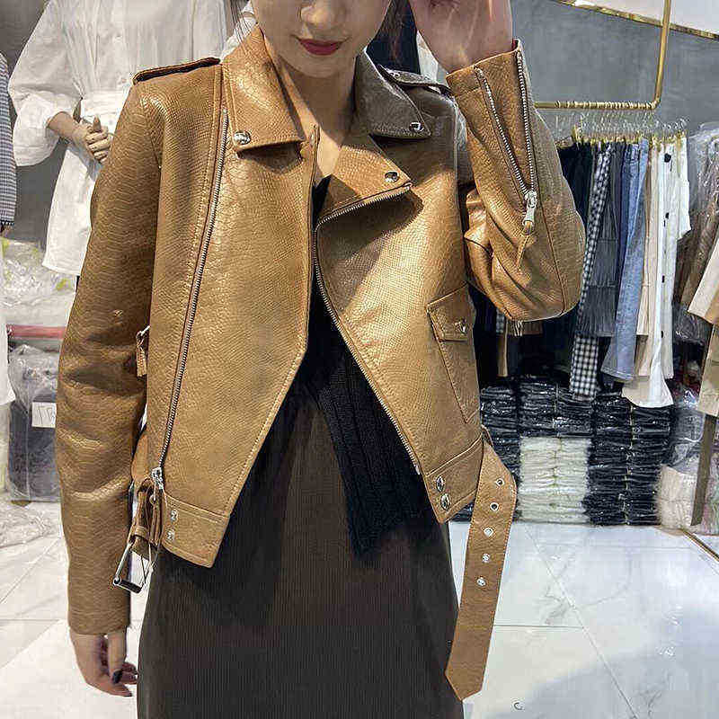 

Ftlzz New Spring Autumn Women Faux Leather Jacket High Street Zipper Long Sleeve Short Jacket With Belt Slim Biker Moto pu Jacket J220727, White
