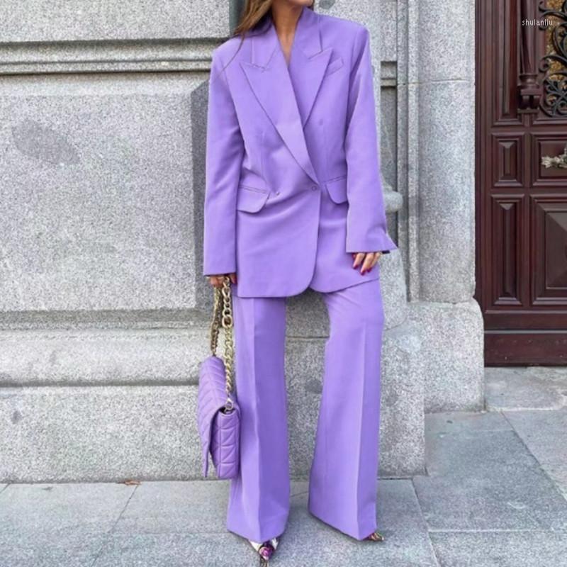

Women' Suits 2022 Vintage Women Double Breasted Pockets Office Lady Jackets Elegant Outwear Solid Purple Oversized Long Blazer, Pant
