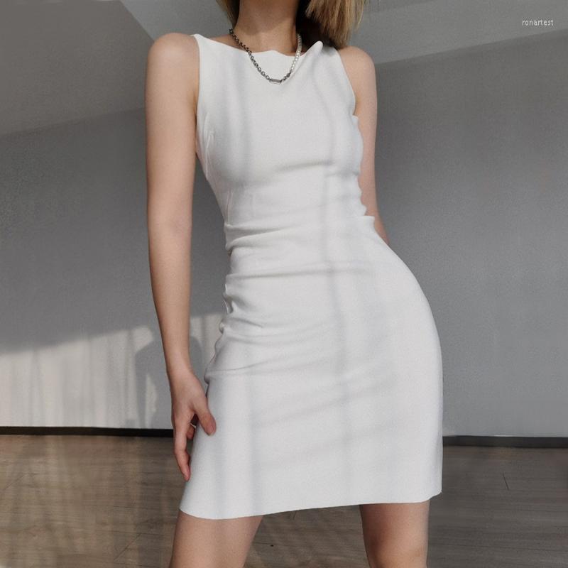 

Casual Dresses Women Slash Neck Ruched Detail Tailored Tank Dress, White mini