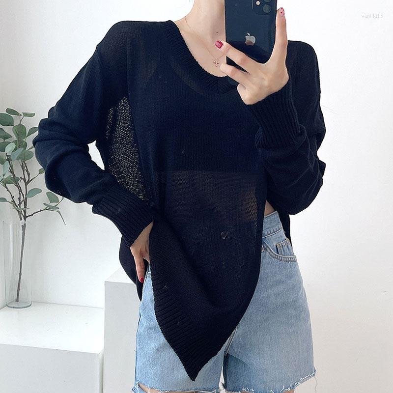 

Women's Blouses Clothland Women Stylish Split Thin Sweater Long Sleeve V Neck Blouse Casual Shirt Summer Sexy Tops Blusa Mujer LA600, White