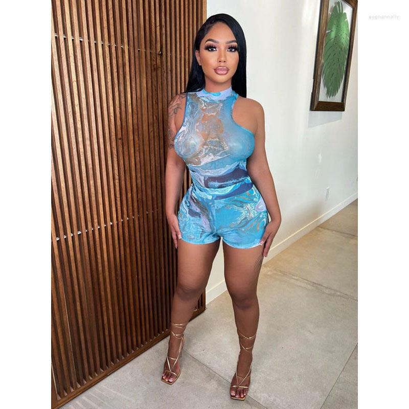 

Women' Tracksuits Women Clothing 2 Piece Sets Summer Sexy Print Sleeveless Crop Top Shorts Set Y2k Clothes Tracksuit Casual Streetwear, Blue