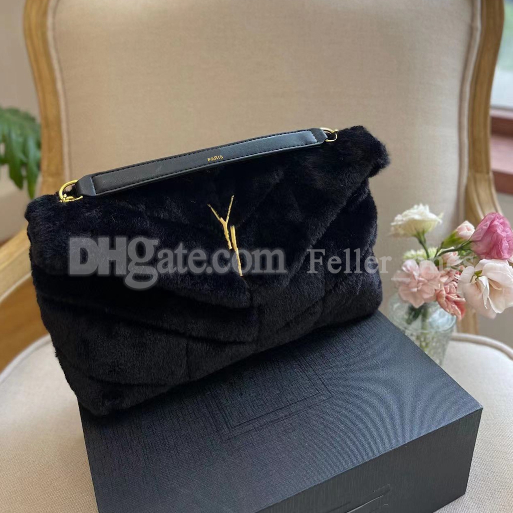 

Fashion Winter Wool Shoulder Bag Women Crossbody Totes Backpack LOULOU Purse Handbags Seam Leather Ladies Metal Chain Clamshell Mess, Black