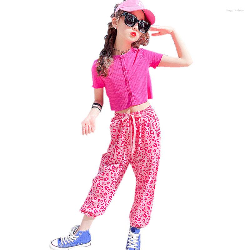 

Clothing Sets Children's Suits Girls Summer Crop Top Pants Leopard Print Pink Two Piece Casual Kids Clothes 4 5 6 7 8 9 11 10 12 13