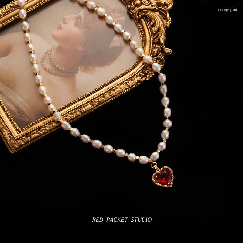 

Choker Red Pocket French Vintage Natural Fresh Water Baroque Pearl Pendant Necklace Love Peach Heart Strand Bracelet Jewelry For Women