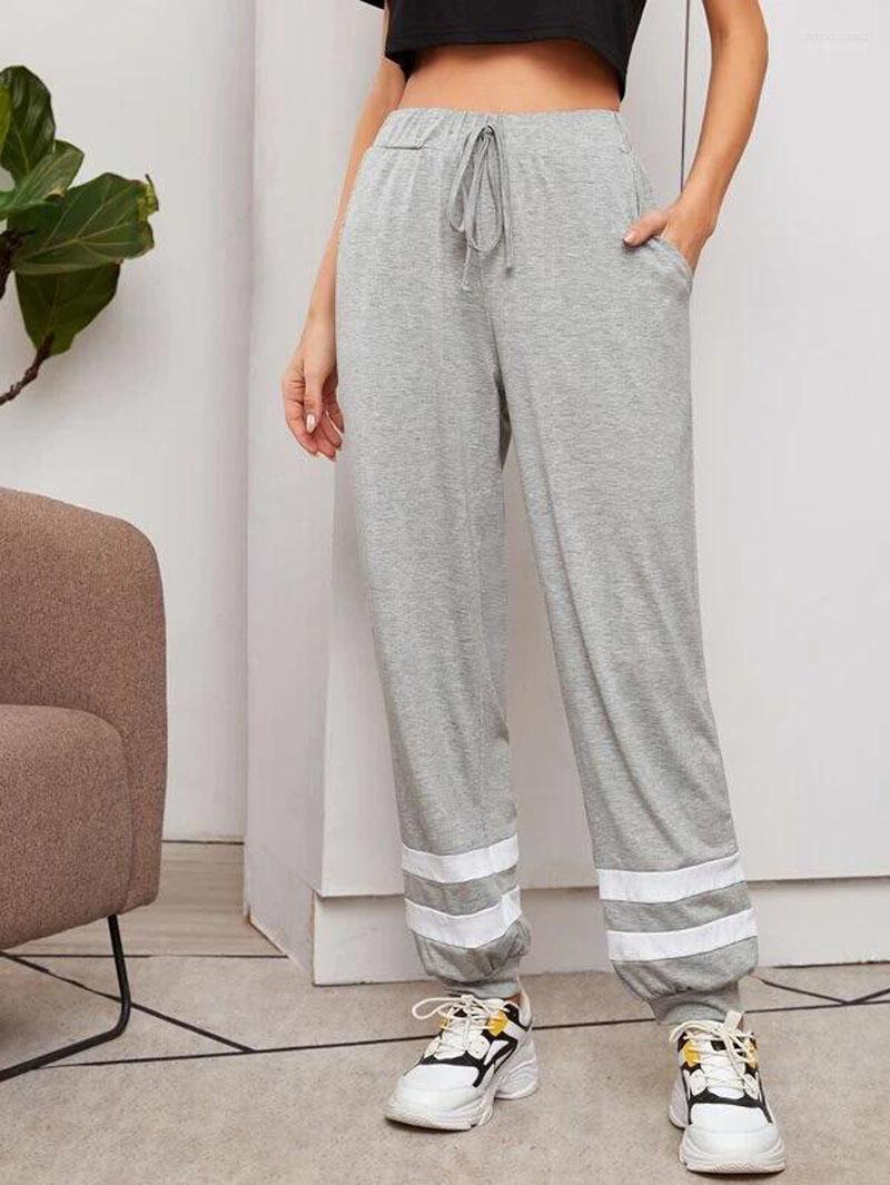 

Women' Pants Women Full Length Striped Decorated Street Style Flat Panelled Patchwork Bottom High Waist Drawstring Harem Trousers, Gray