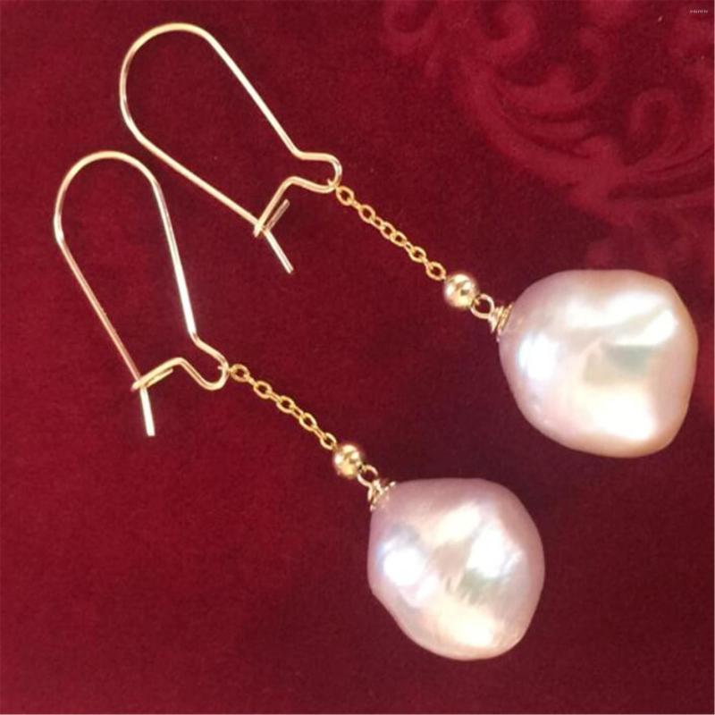 

Dangle Earrings 12-14MM Pink Baroque Pearl 18k Ear Drop Hook Cultured Accessories Aurora Luxury Jewelry Earbob Natural Real