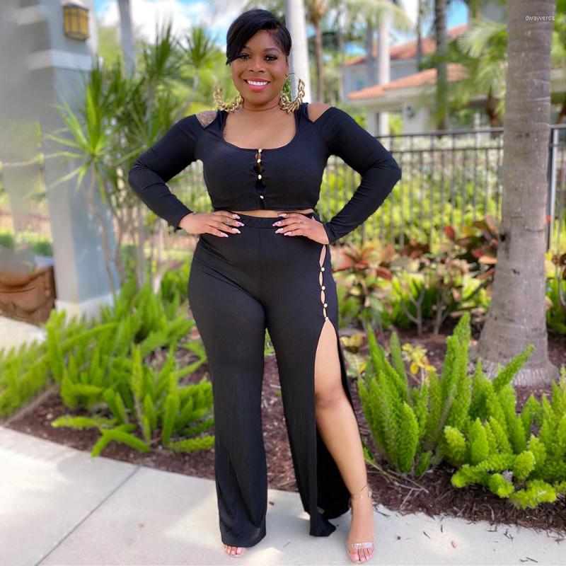 

Tracksuits Plus Size Women 4xl Sets Off Shoulder Shirt And Split Pants Autumn Fashion Two Piece Sexy Lady Wholesale Hollow Out Clothes, Black