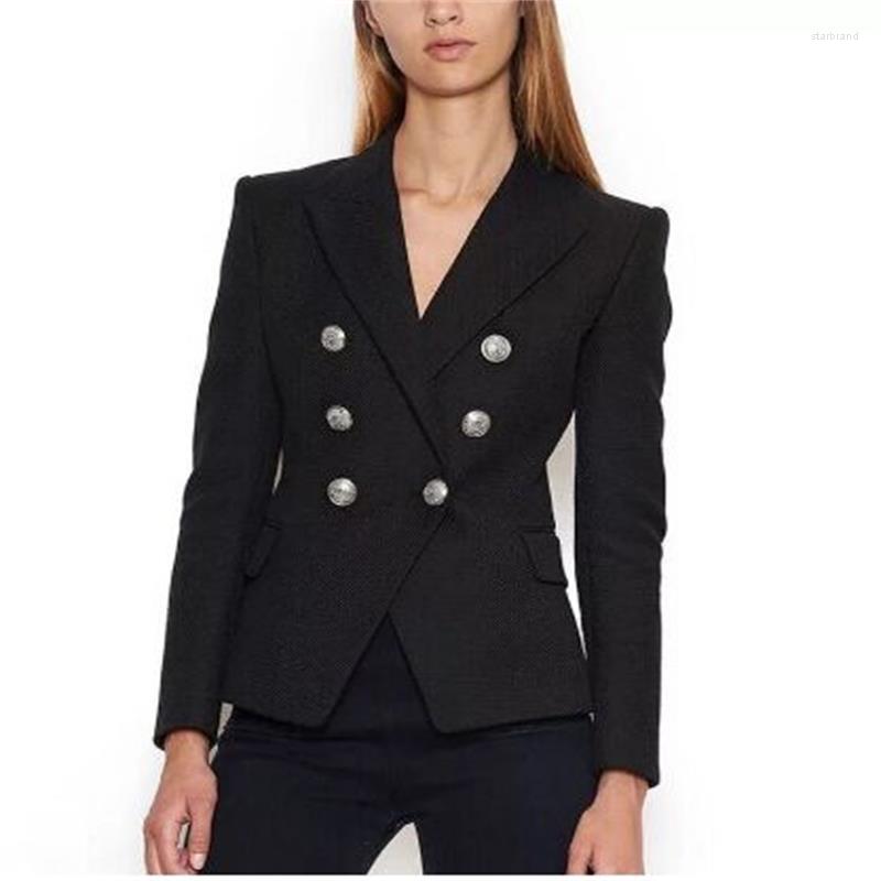 

Women' Suits High Street 2022 Designer Classic Blazer Women Double Breasted Jacket Metal Lion Silver Button, Black