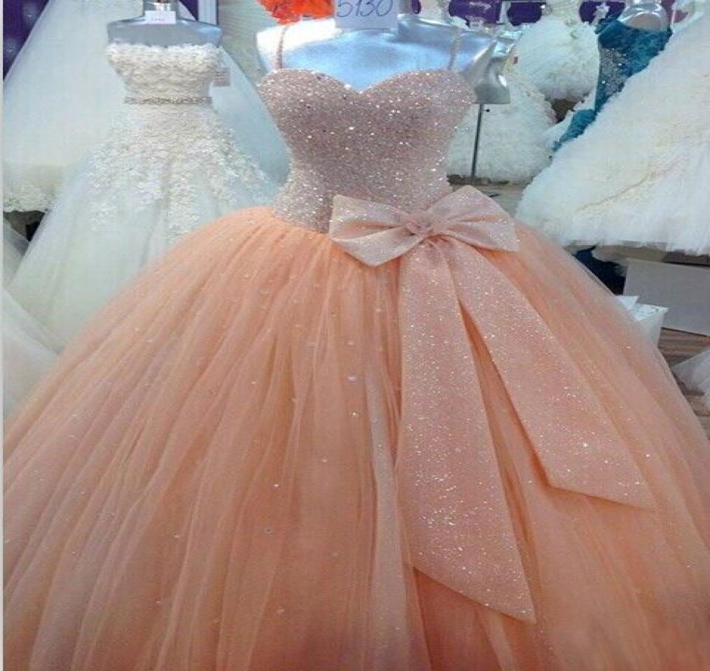 

Peach Tulle Sweet 16 Dress Quinceanera Dresses Sparkling Sequins Corset Floor Length Sweetheart Real Image Ball Gown Prom Dress fo5518972, Silver
