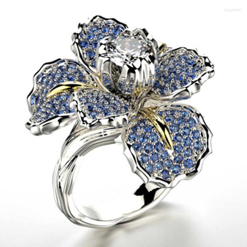 

Wedding Rings Luxury Big Flower Shape Micro Pave Zircon Ring Blue Crystal Party Engagement Elegant Silver Color For Women