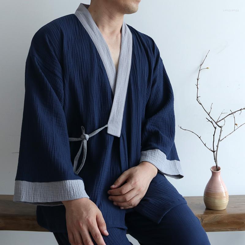 

Men's Sleepwear 2022 Japanese Kimono Hanfu Men And Women Pure Cotton Washed Crepe Long Sleeve Home Bathrobe Suit Yukata Sets Top Pants, Color2