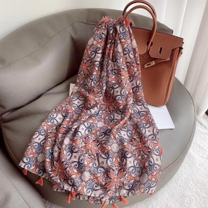 

Scarves 2022 Est Vintage Flower Print Tassel Scarf Shawls Long Soft Floral Hijab Wrap