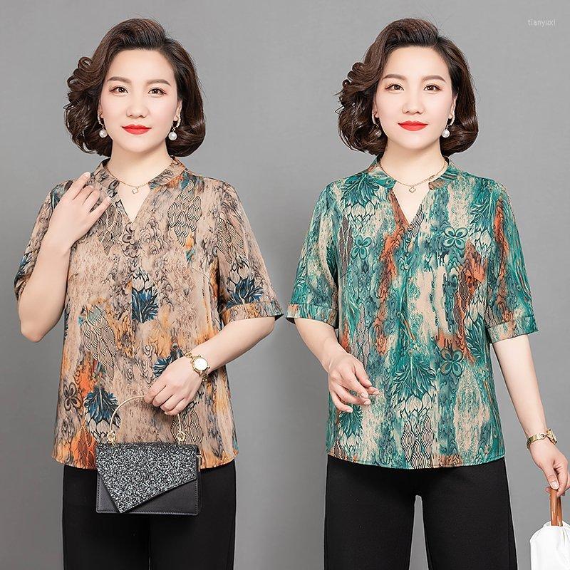 

Women's Blouses Satin Print V-Neck Shirts Middle Age Women Clothes Summer Casual Loose Mother Short Sleeve Top Silk Like Pullover 5xl, Green