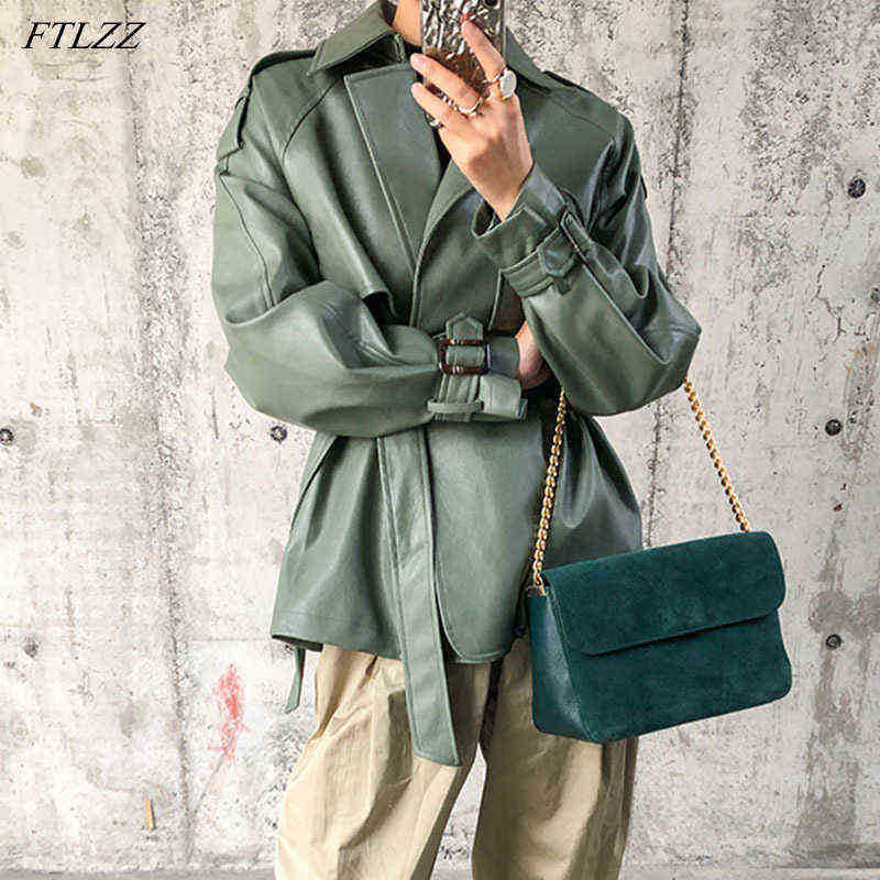 

Ftlzz New Spring Autumn Women Faux Pu Leather Casual Streetwear Outrunner Motorcycle Leather Jacket With Belt Green Biker Jacket J220727