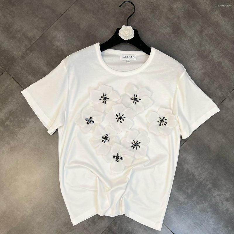 

Women' T Shirts Sweet Heavy Beads 3D Flower Design Cotton Tshirt Female Fashion Round Neck Short Sleeve White T-shirt 2022 Summer Basic, Vest