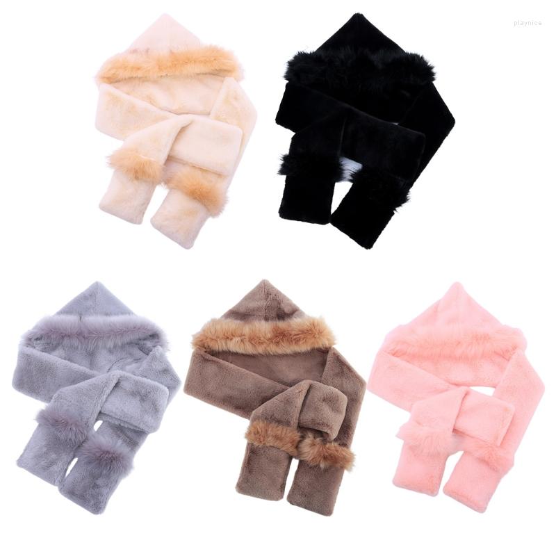 

Scarves Winter 2 In 1 Hooded Long Scarf Beanie Hat Solid Color Thicken Double Layer Fuzzy Plush Earflap Neck Warmer Wrap