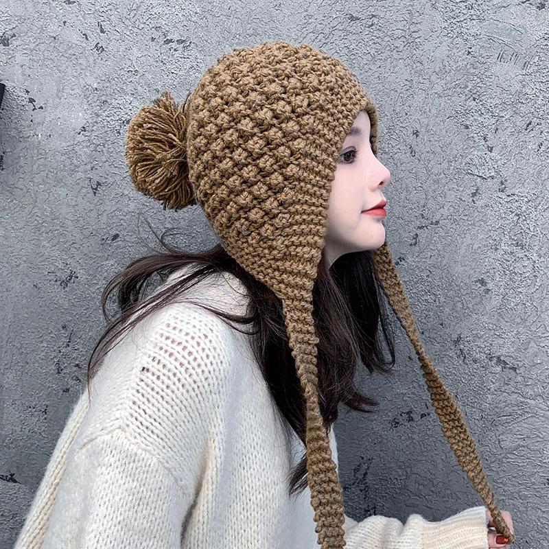 

Berets Women Cotton Knitting Ushanka Hat Caps Girls Cute Pom Thick Warm Ear Protector Bomber Hats 2022 Autumn Winter, Beige
