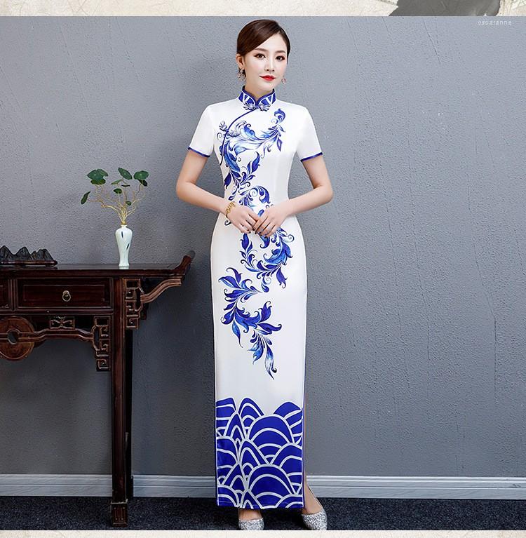 

Ethnic Clothing Classic Cheongsam Oversize 3XL 4XL 5XL Evening Party Slim Long Dress Chinese Vintage Button Flower Print Lady Satin Qipao