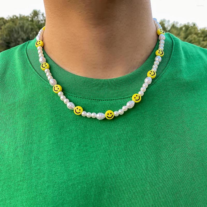 

Chains Korean Trendy Simulated Pearl Choker Necklace For Women Men Bohemian Colorful Handmde Face Bead Collar White Color Jewelry 2022